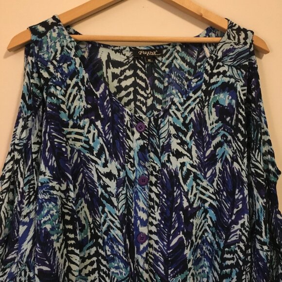 100% Rayon Papa Vancouver Fern Boho Cold Shoulder Bell Sleeve Button Down Top - Picture 2 of 15